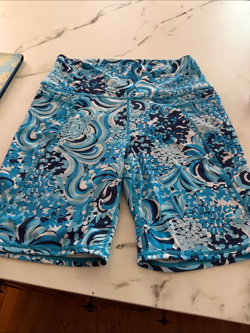 Lilly Pulitzer White Bike Shorts with Blue Swirl Waistband